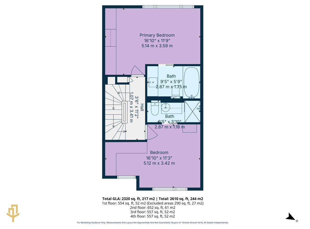 Third floor 2D floor plan with room dimensions and square footage