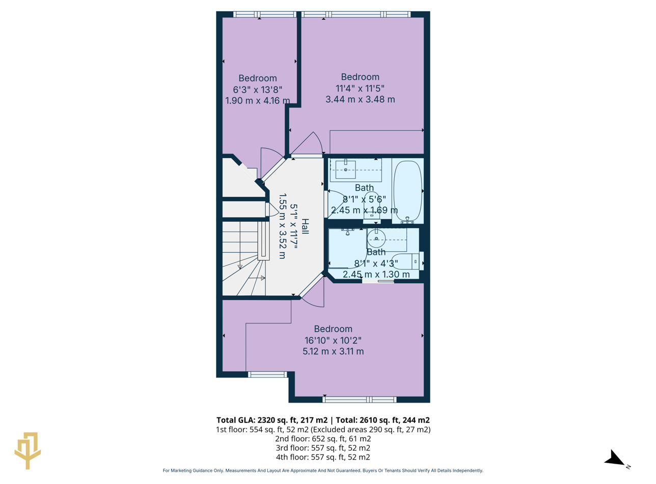 Fourth floor 2D floor plan with room dimensions and square footage