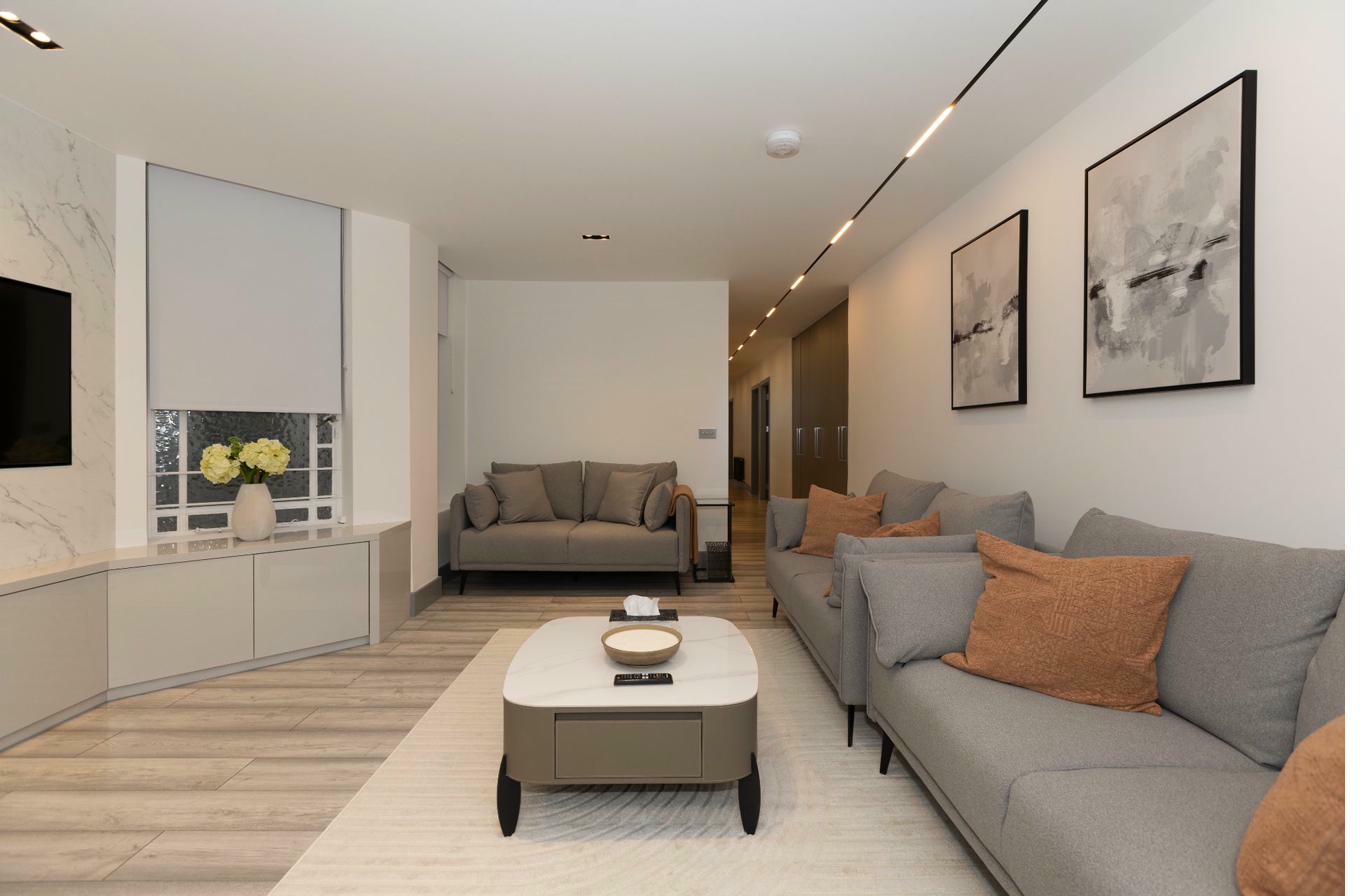 Contemporary living room with plush sofa and artwork