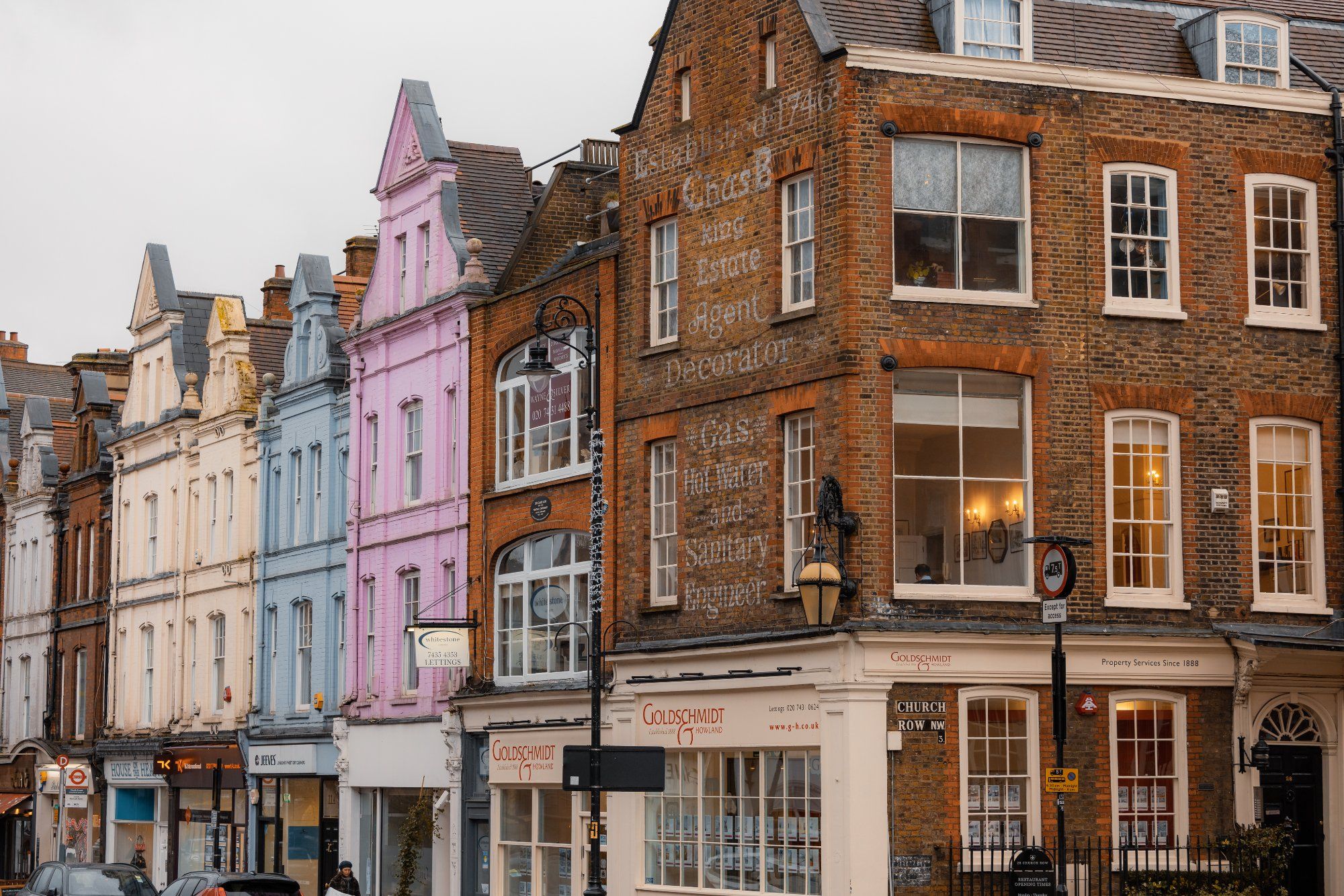 Hampstead high street colourful Georgian facades