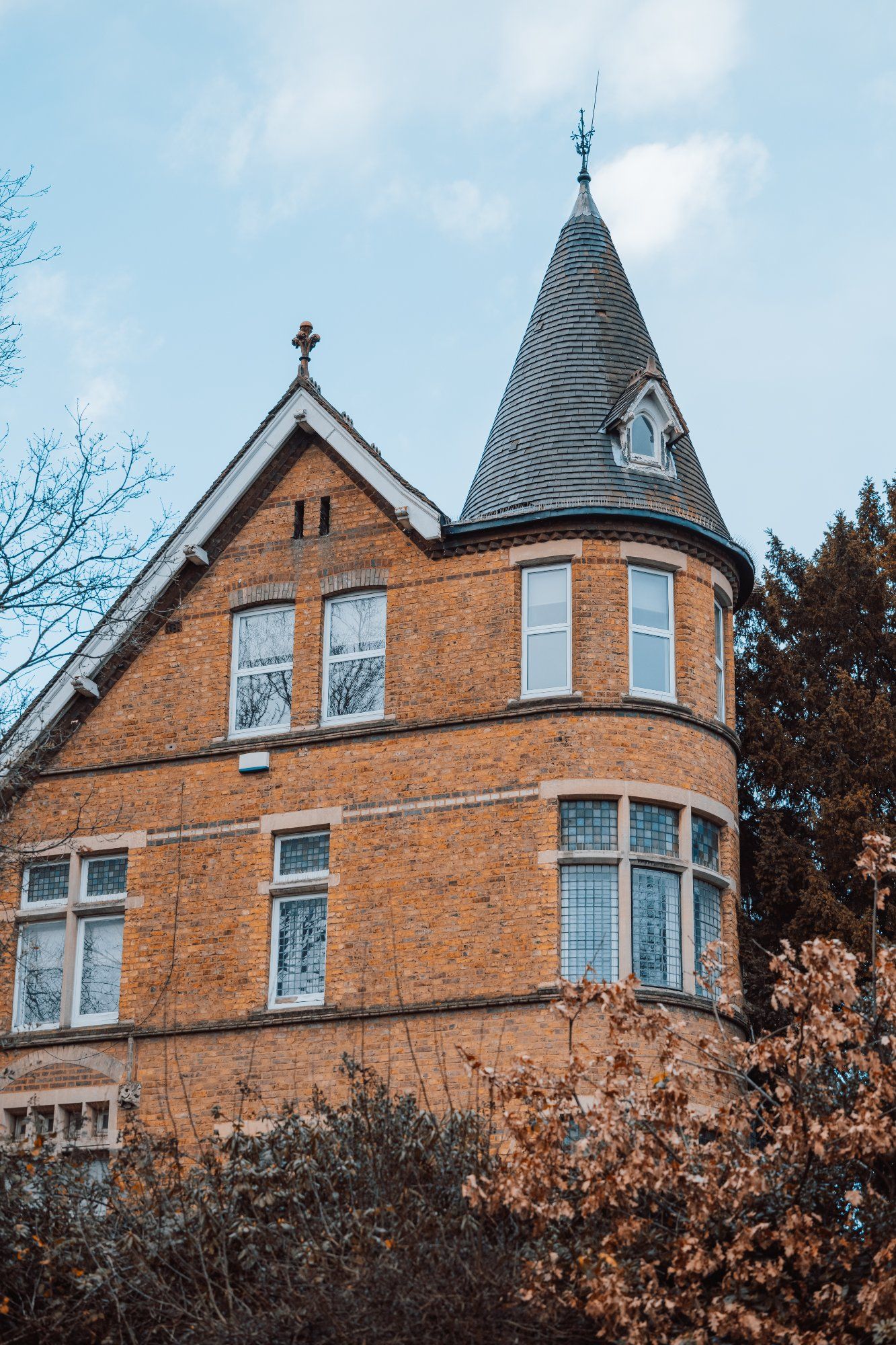 Victorian mansion turret with slate roof