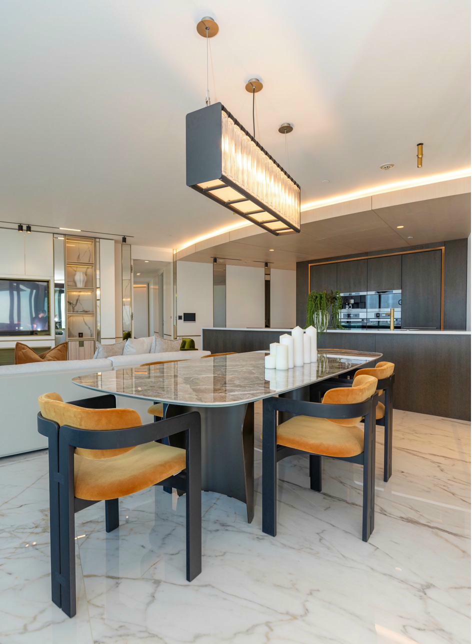 Luxurious dining room with gold accents